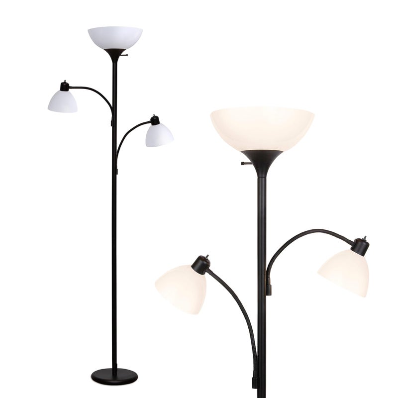 Brightech Sky Dome Double LED Floor Lamp, Torchiere Super Bright Floor Lamp with 2 Reading Lamps for Living Rooms & Offices - Dimmable Tall Standing Lamp for Bedroom Reading - Tall Black Pole - Image 1