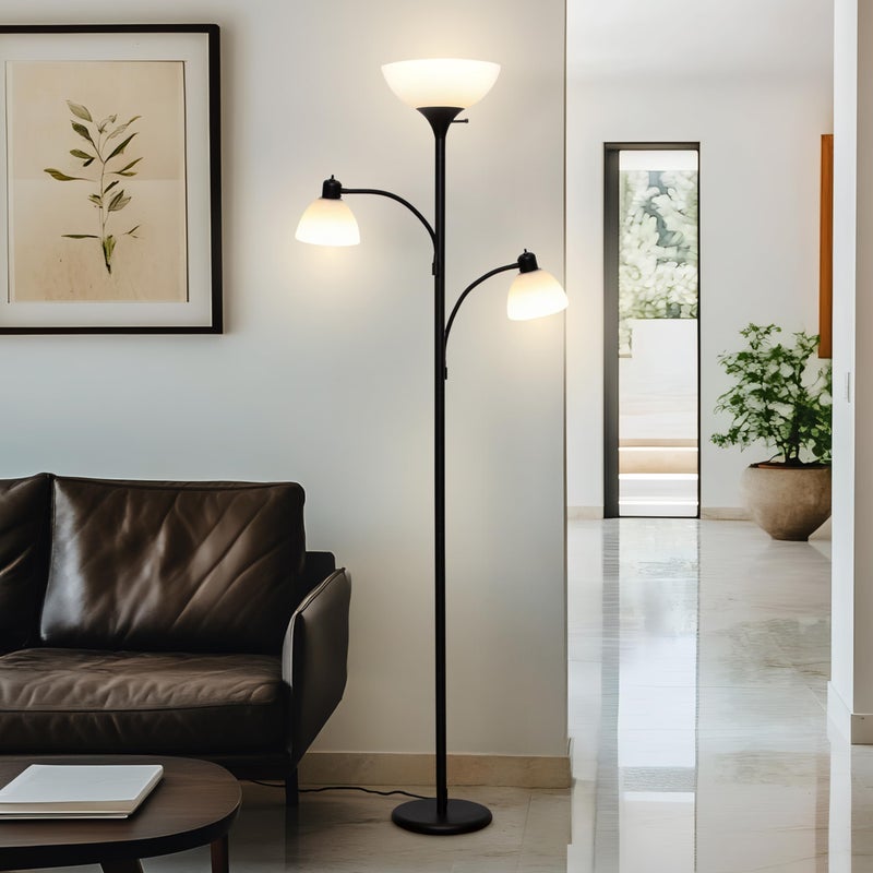 Brightech Sky Dome Double LED Floor Lamp, Torchiere Super Bright Floor Lamp with 2 Reading Lamps for Living Rooms & Offices - Dimmable Tall Standing Lamp for Bedroom Reading - Tall Black Pole - Image 2