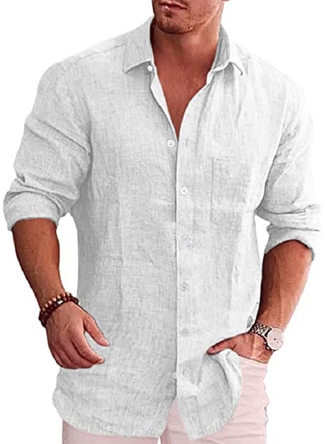 Loquat Men's Cotton Linen Shape Lapel Solid Color Shirt - Image 1