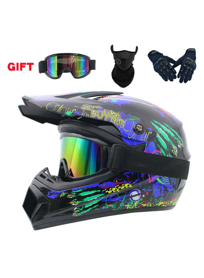 Full Face Off-Road Motorcycle Helmet - Bright Black Wolf Claw - Includes Goggles, Mask & Hard Shell Gloves - Four Seasons Unisex