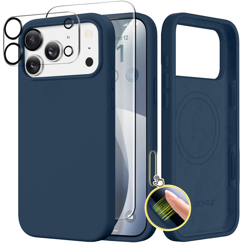 GONEZ Magnetic for iPhone 17 Pro Max Case, Compatible with MagSafe, [Screen Protector + Camera Lens Protector], Liquid Silicone Anti-Scratch Shockproof Protective Phone Case 6.9 inch, Dark Blue - Image 1