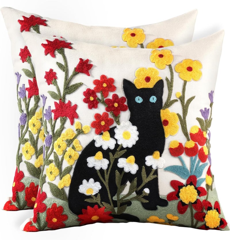Kokaaee Embroidered Throw Pillow Covers Set of 2-18x18 Decorative Pillow Covers with Zipper Aesthetic Cute Design Spring Summer Throw Pillowcases for Outdoor Couch Sofa Bed, Flower Cats - Image 1