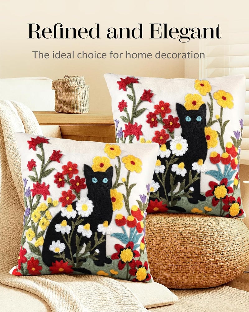 Kokaaee Embroidered Throw Pillow Covers Set of 2-18x18 Decorative Pillow Covers with Zipper Aesthetic Cute Design Spring Summer Throw Pillowcases for Outdoor Couch Sofa Bed, Flower Cats - Image 5