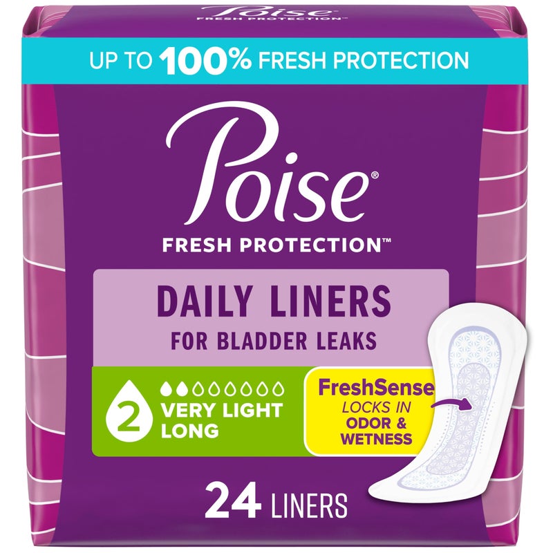 Poise Daily Liners, Incontinence Panty Liners for Bladder Leaks, 2 Drop Very Light Absorbency, Long Length, 24 Count of Pantiliners, Packaging May Vary - Image 1