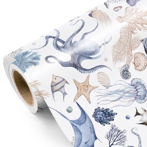WRAPAHOLIC Ocean Wrapping Paper Roll Mini Roll 17 Inch x 98 Feet Octopuses Fish Design for Boys Girls Kids Birthday Baby Shower - Image 1