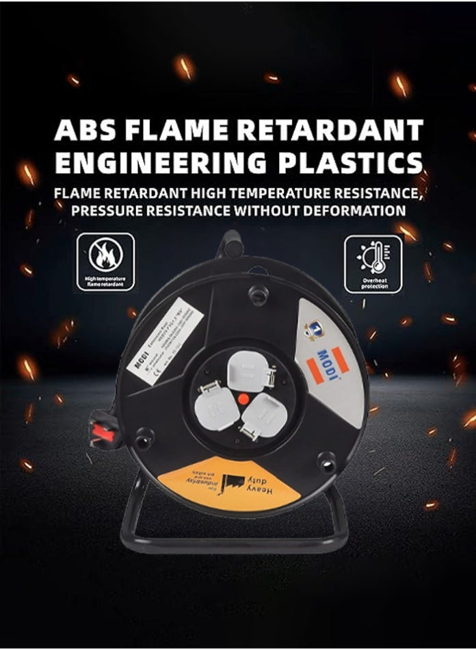 مودي بكرة كابل شديدة التحمل بطول 50 مترًا، 3 × 1.5 مم²، 3 منافذ مزودة بمفتاح رئيسي، قاطع حراري، مقبض سهل الحمل، حامل أرضي و3 نقاط تثبيت - سلك تمديد طاقة احترافي - Image 5