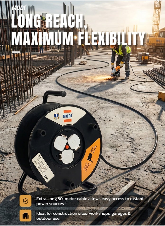 MODI Heavy Duty Cable Reel, 50m Extension Reel with 3 x 13A Universal Sockets, Safety Shutters, Thermal Cut-Off, Master Switch, Winding Handle, Carry Handle, Stable Stand and UK Plug - Image 1