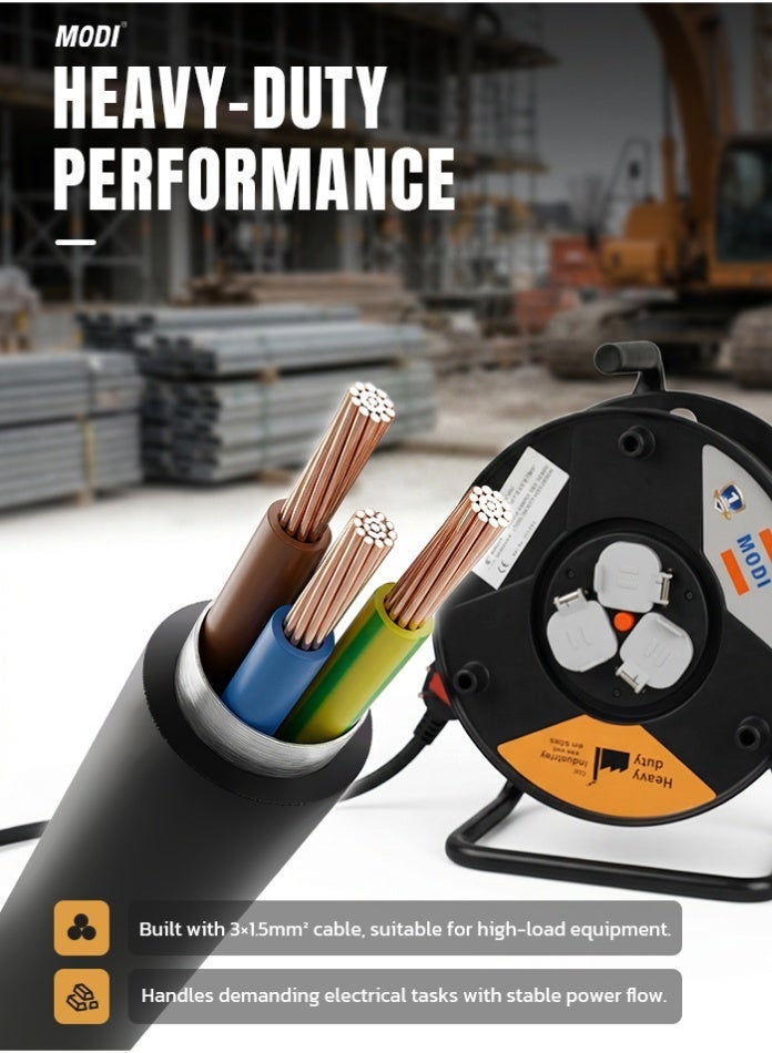 MODI Heavy Duty Cable Reel, 50m Extension Reel with 3 x 13A Universal Sockets, Safety Shutters, Thermal Cut-Off, Master Switch, Winding Handle, Carry Handle, Stable Stand and UK Plug - Image 4