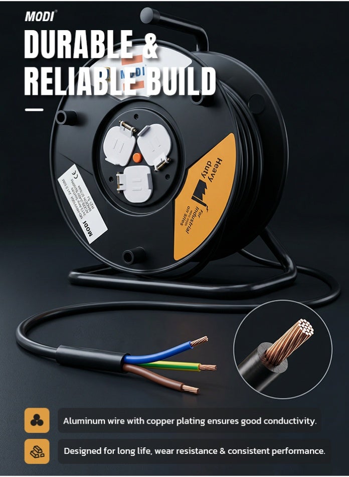 MODI Heavy Duty Cable Reel, 50m Extension Reel with 3 x 13A Universal Sockets, Safety Shutters, Thermal Cut-Off, Master Switch, Winding Handle, Carry Handle, Stable Stand and UK Plug - Image 5