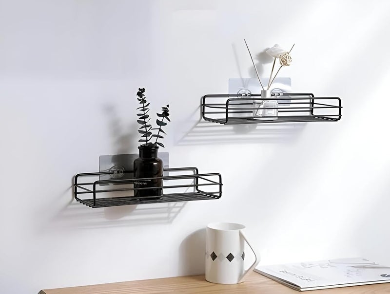BANZER BANZER Steel SelfAdhesive Multipurpose Bathroom Shelf with HooksTowel HolderRackBathroom AccessoriesWall Mount Pack of 2 BlackPowder Coated  - Image 1