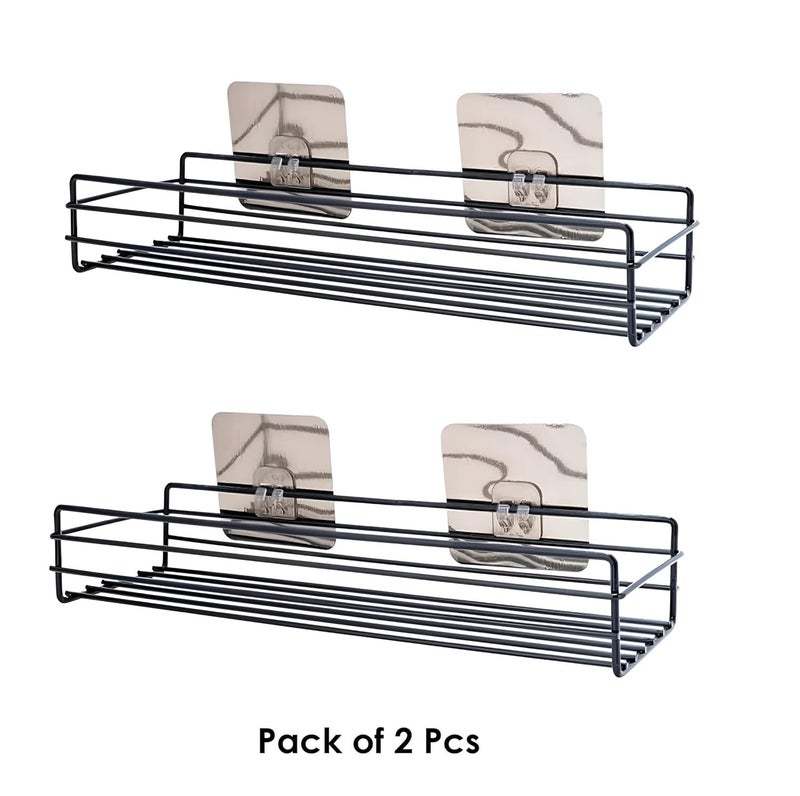 BANZER BANZER Steel SelfAdhesive Multipurpose Bathroom Shelf with HooksTowel HolderRackBathroom AccessoriesWall Mount Pack of 2 BlackPowder Coated  - Image 3