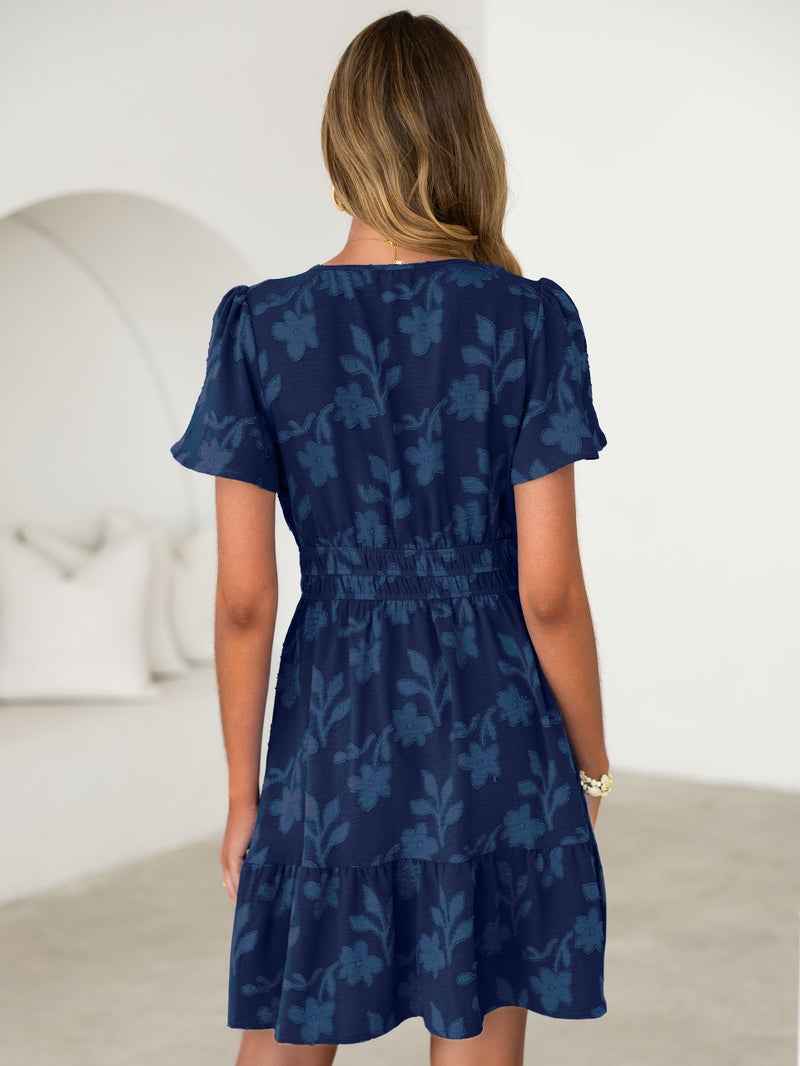 Simplee Womens Summer Floral Dress - Casual Short Sleeve V Neck Empire Waist Boho Flowy A Line Mini Wedding Guest Dresses,Navy Blue M - Image 5