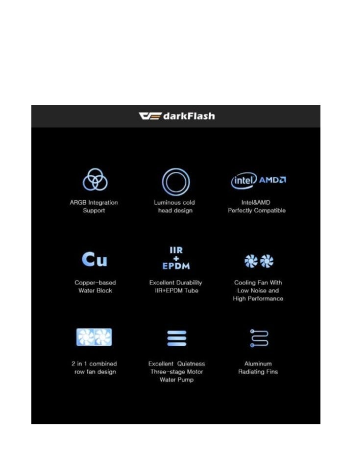 دارك فلاش دااركفلاش DG240 نظام تبريد سائل لمعالج الكمبيوتر 240MM ARGB AIO، يدعم أحدث مقابس LGA 18XX، 1700، 1200، 115X، AM5/AM4/AM3، سرعة دوران 1800RPM، TDP 315، نظام تبريد سائل منخفض الضوضاء (أسود، 240MM) (أبيض) - Image 2