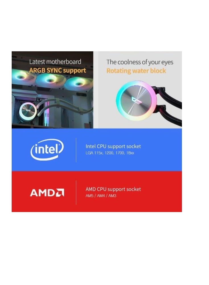 دارك فلاش دااركفلاش DG240 نظام تبريد سائل لمعالج الكمبيوتر 240MM ARGB AIO، يدعم أحدث مقابس LGA 18XX، 1700، 1200، 115X، AM5/AM4/AM3، سرعة دوران 1800RPM، TDP 315، نظام تبريد سائل منخفض الضوضاء (أسود، 240MM) (أبيض) - Image 4