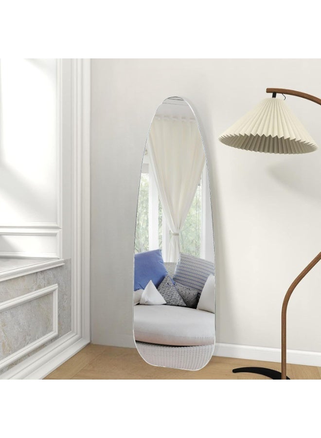 ديكور هيلز مرآة ديكور هيلز كاملة الطول بتصميم بيضاوي - مرآة كبيرة قائمة ومثبتة على الحائط مع حامل معدني قابل للطي، زجاج مقاوم للكسر، إطار من البولي فينيل كلوريد مع ظهر من الخشب متوسط ​​الكثافة لغرفة النوم وغرفة المعيشة، لون فضي - قطعة واحدة - Image 1