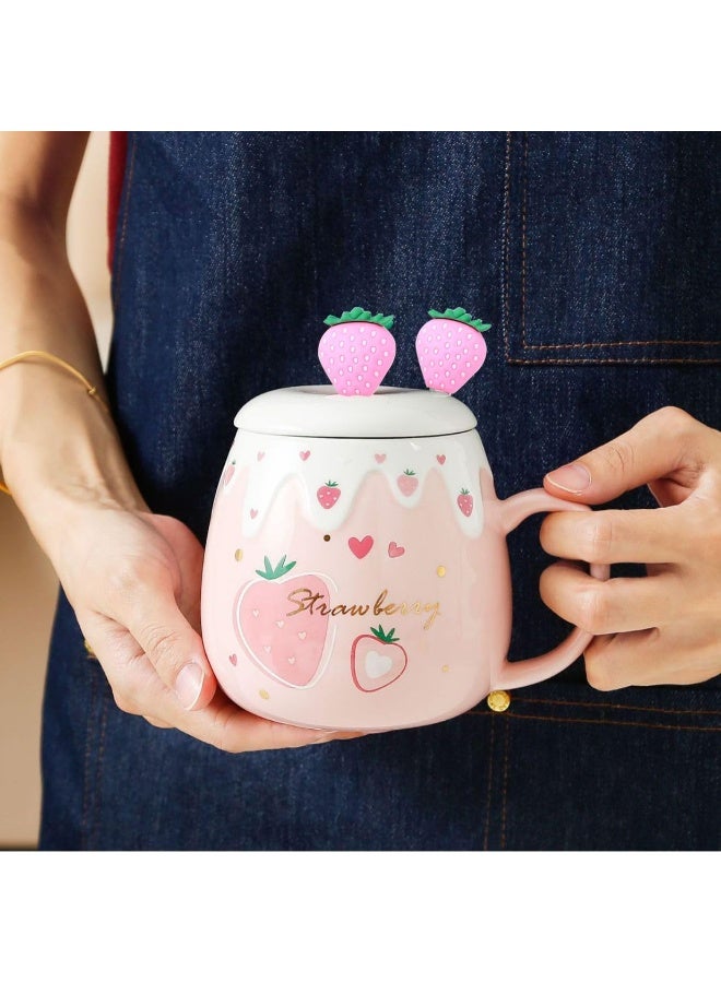 كوب الوردي ، أكواب الفراولة اللطيفة مع ملعقة غطاء المصفية ، الهدايا للنساء ، أكواب القهوة السيراميكية ، كوب الشاي 15 أوقية للشوكولاتة الساخنة للحليب للفتيات هدية عيد الميلاد على الطراز الكوري - Image 4