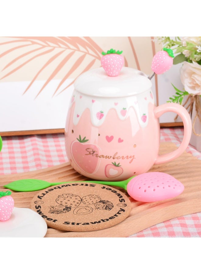 كوب الوردي ، أكواب الفراولة اللطيفة مع ملعقة غطاء المصفية ، الهدايا للنساء ، أكواب القهوة السيراميكية ، كوب الشاي 15 أوقية للشوكولاتة الساخنة للحليب للفتيات هدية عيد الميلاد على الطراز الكوري - Image 3