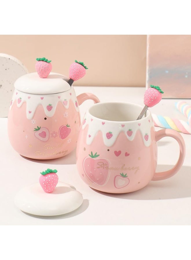 كوب الوردي ، أكواب الفراولة اللطيفة مع ملعقة غطاء المصفية ، الهدايا للنساء ، أكواب القهوة السيراميكية ، كوب الشاي 15 أوقية للشوكولاتة الساخنة للحليب للفتيات هدية عيد الميلاد على الطراز الكوري - Image 5