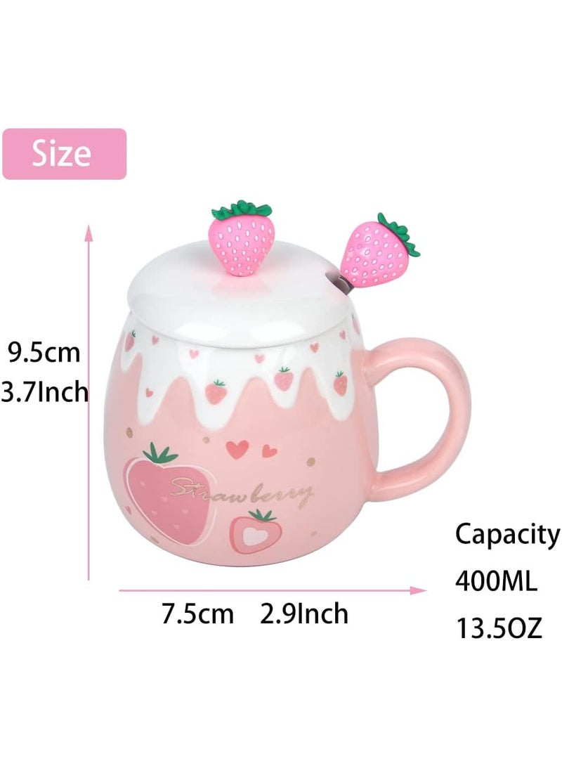 كوب الوردي ، أكواب الفراولة اللطيفة مع ملعقة غطاء المصفية ، الهدايا للنساء ، أكواب القهوة السيراميكية ، كوب الشاي 15 أوقية للشوكولاتة الساخنة للحليب للفتيات هدية عيد الميلاد على الطراز الكوري - Image 1
