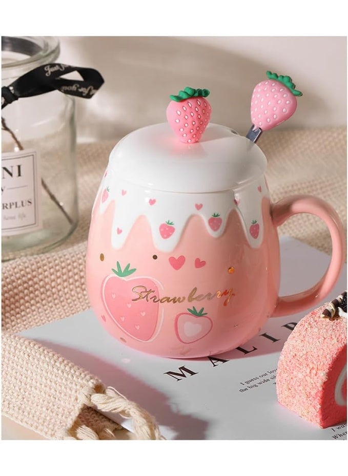 كوب الوردي ، أكواب الفراولة اللطيفة مع ملعقة غطاء المصفية ، الهدايا للنساء ، أكواب القهوة السيراميكية ، كوب الشاي 15 أوقية للشوكولاتة الساخنة للحليب للفتيات هدية عيد الميلاد على الطراز الكوري - Image 2