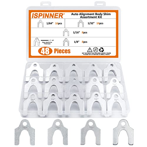 ISPINNER 48pcs Auto Alignment Body Shim Assortment Kit, 1/64" 1/32" 1/16" 1/8" Universal Shims for Adjusting Body Parts or Camber Alignment - Image 1