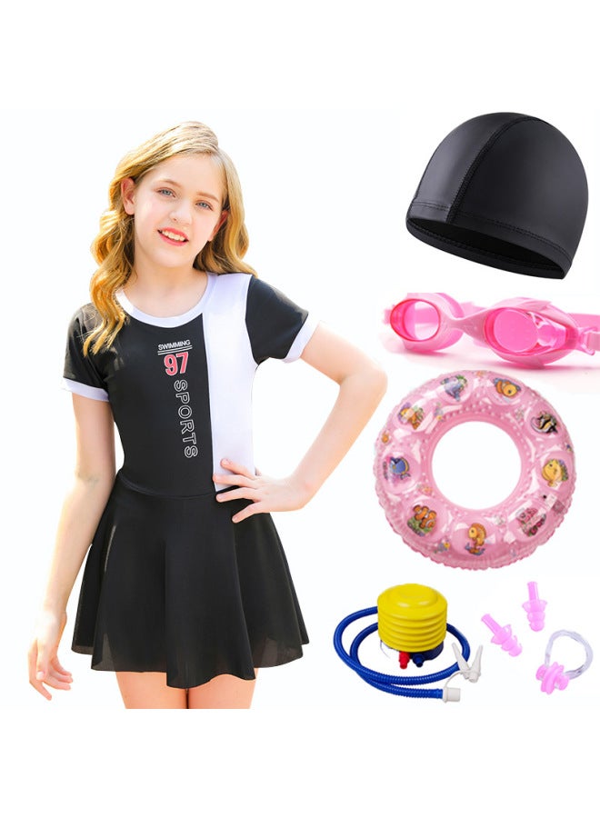 إسكدنيا ملابس سباحة للفتيات المحترفات سريعة الجفاف قطعة واحدة للأطفال الكبار تنورة الأميرة لطلاب المدارس الابتدائية والمتوسطة وسادة الصدر ملابس سباحة للفتيات - اللون: أبيض وأسود مجموعة من ست قطع - - Image 1