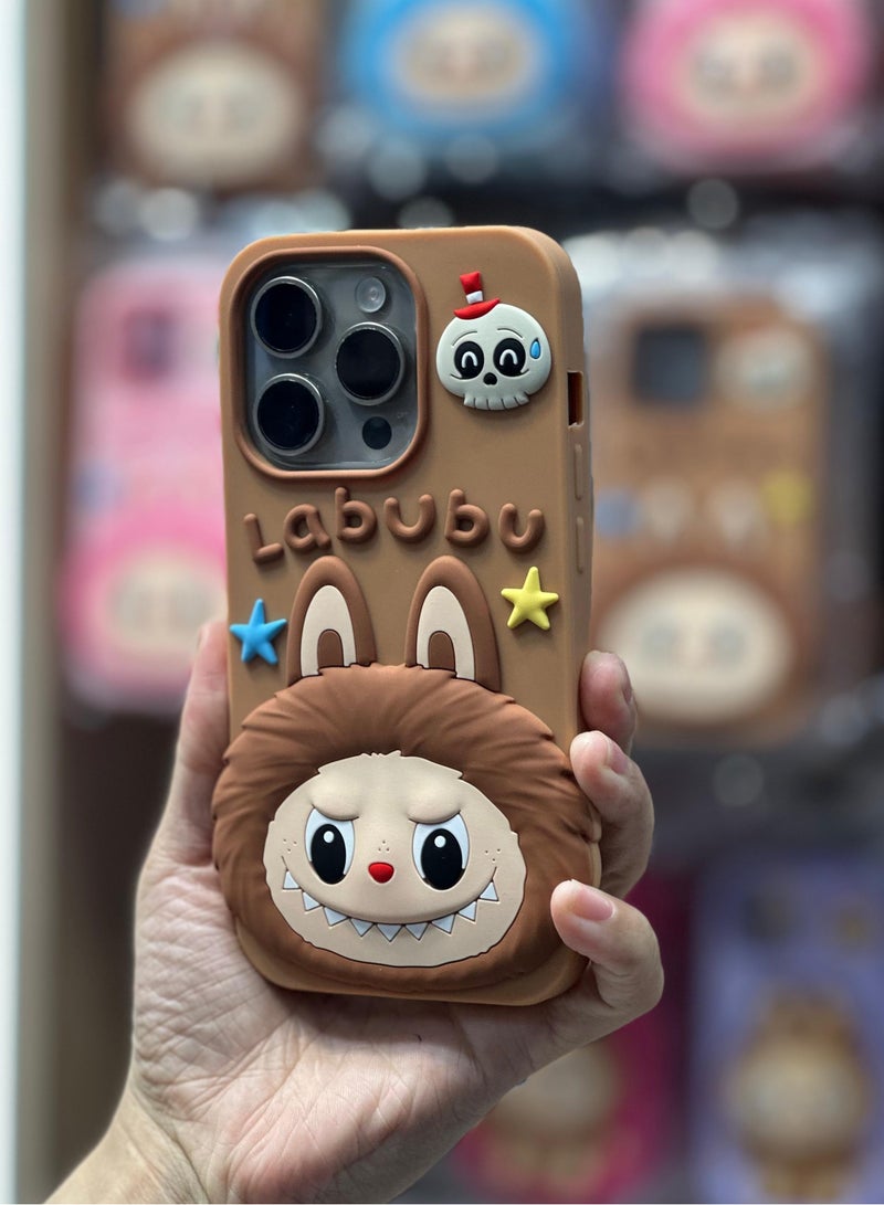 LABUBU حافظة هاتف سيليكون ضغط مخفف لطيف باللون البني الداكن لجهاز iPhone 15 Pro Max - مطاط ناعم مضاد للصدمات ومضاد للانزلاق، تصميم لتخفيف التوتر - Image 1