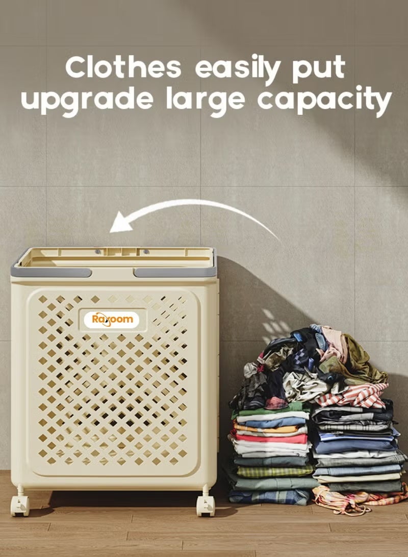 راكسوم سلة غسيل قابلة للطي بأربع طبقات مع عجلات - منظم متعدد الأغراض لتخزين الملابس المتسخة، سعة 40 لترًا، 36×28×49 سم، لون كريمي - Image 4