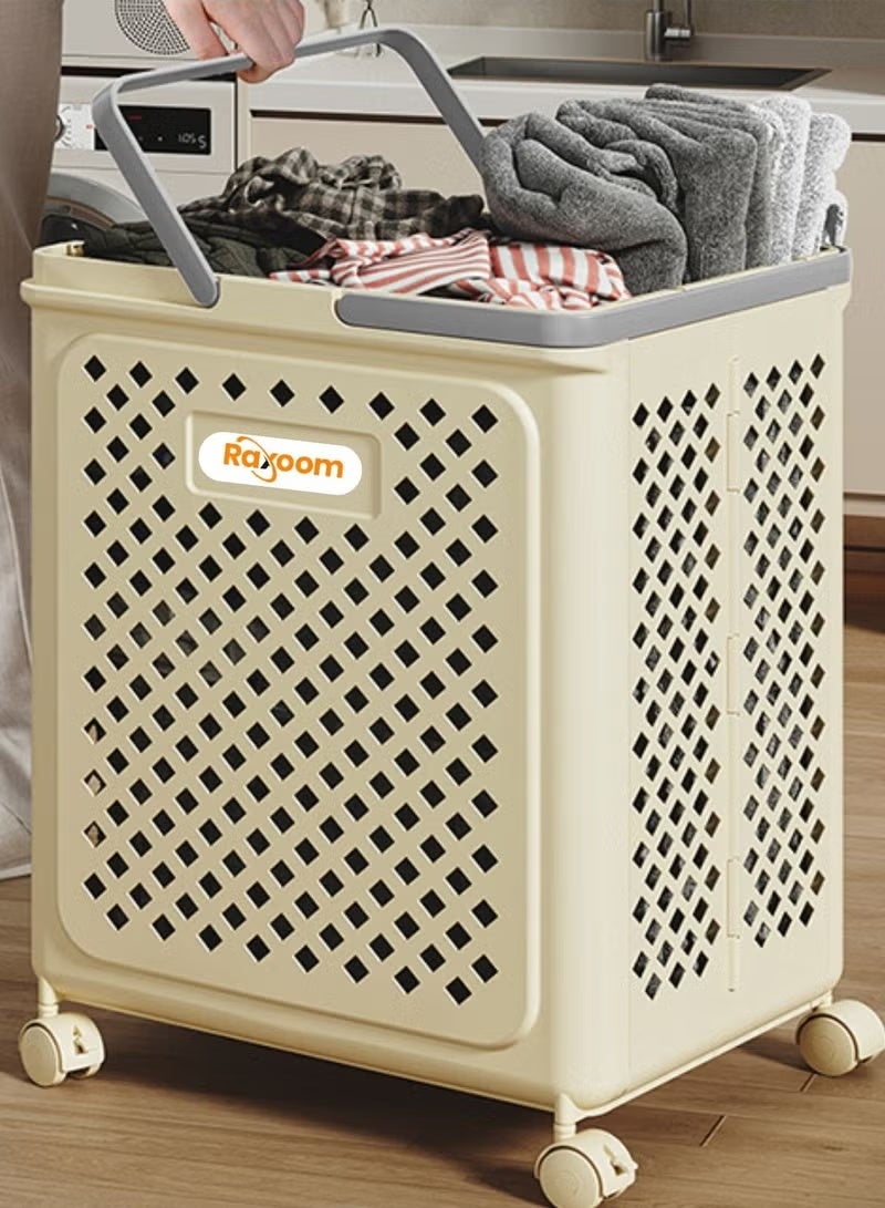 راكسوم سلة غسيل قابلة للطي بأربع طبقات مع عجلات - منظم متعدد الأغراض لتخزين الملابس المتسخة، سعة 40 لترًا، 36×28×49 سم، لون كريمي - Image 1