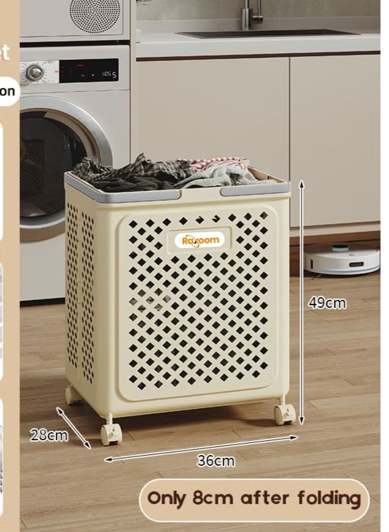 راكسوم سلة غسيل قابلة للطي بأربع طبقات مع عجلات - منظم متعدد الأغراض لتخزين الملابس المتسخة، سعة 40 لترًا، 36×28×49 سم، لون كريمي - Image 2
