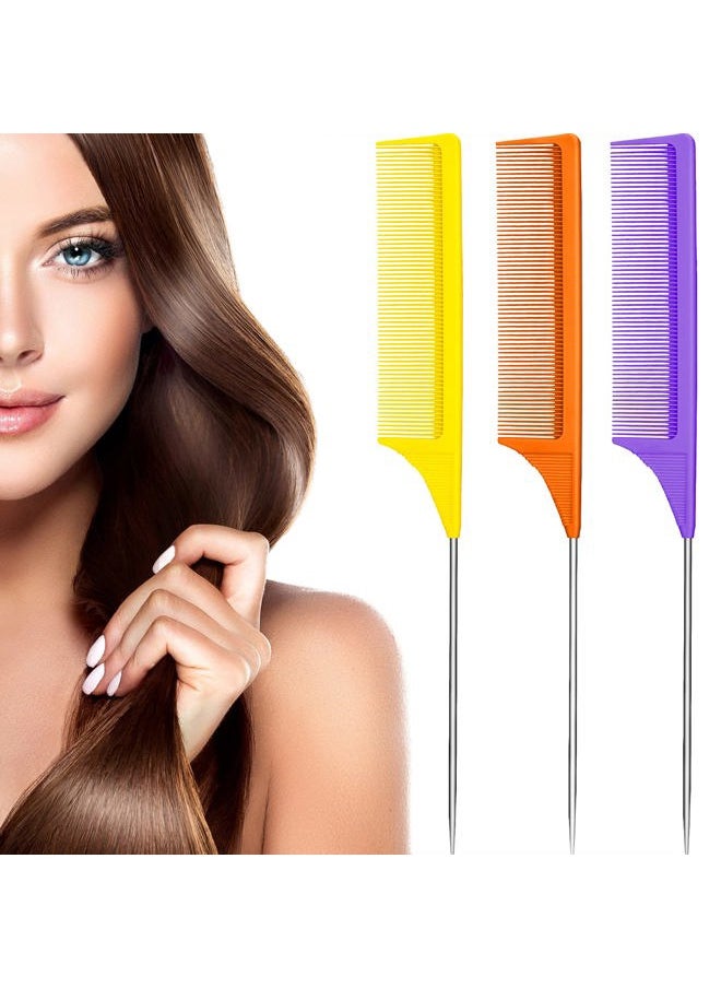Leinuosen - 3 Packs Rat Tail Comb Steel Pin Rat Tail Carbon Fiber Heat Resistant Teasing Combs with Stainless Steel Pintail (Purple, Orange, Yellow) - Image 1