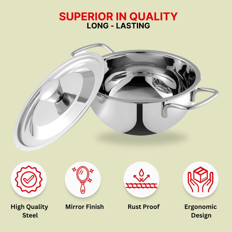 Kraft- follow your imagination Stainless Steel Roma Bowl With Lid Set Of -2 Pcs, 1.3 Litre (16 Cm) And 1.5 Litre (18 Cm) / Serving, Dining Bowl/Mirror Finish/BPA Free/ 2 Year Warranty - Silver - Image 4
