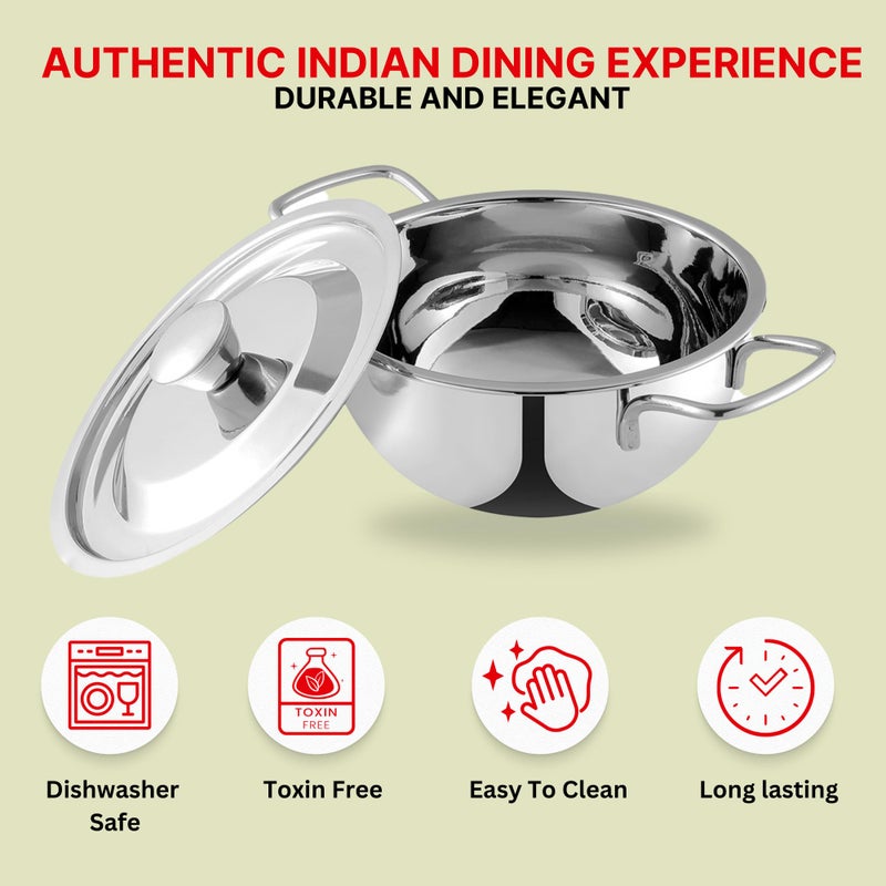Kraft- follow your imagination Stainless Steel Roma Bowl With Lid Set Of -2 Pcs, 1.3 Litre (16 Cm) And 1.5 Litre (18 Cm) / Serving, Dining Bowl/Mirror Finish/BPA Free/ 2 Year Warranty - Silver - Image 5