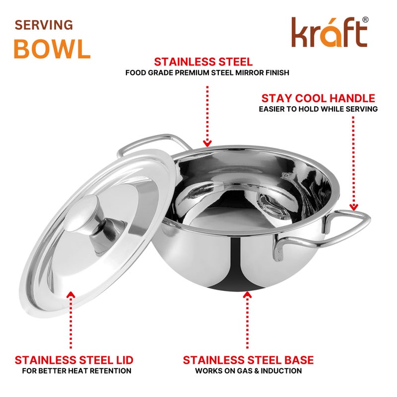 Kraft- follow your imagination Stainless Steel Roma Bowl With Lid Set Of -2 Pcs, 1.3 Litre (16 Cm) And 1.5 Litre (18 Cm) / Serving, Dining Bowl/Mirror Finish/BPA Free/ 2 Year Warranty - Silver - Image 3