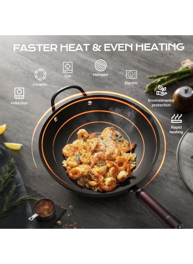 FGJ Wok, 13 Inch carbon steel woks with steamer & stir-fry pans nonstick, Pre-Seasoned 5.8QT Flat Bottom Chinese Wok Pan with lid, Carbon Steel Cookware, Compatible with All Cooktops - Image 5