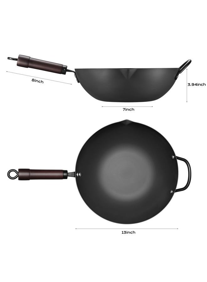 FGJ Wok, 13 Inch carbon steel woks with steamer & stir-fry pans nonstick, Pre-Seasoned 5.8QT Flat Bottom Chinese Wok Pan with lid, Carbon Steel Cookware, Compatible with All Cooktops - Image 2