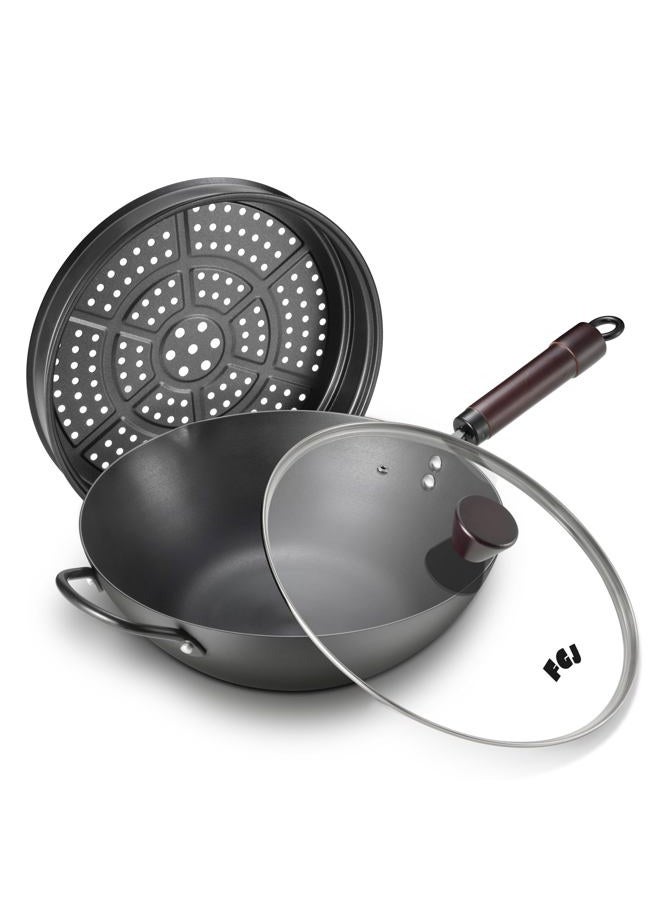 FGJ Wok, 13 Inch carbon steel woks with steamer & stir-fry pans nonstick, Pre-Seasoned 5.8QT Flat Bottom Chinese Wok Pan with lid, Carbon Steel Cookware, Compatible with All Cooktops - Image 1