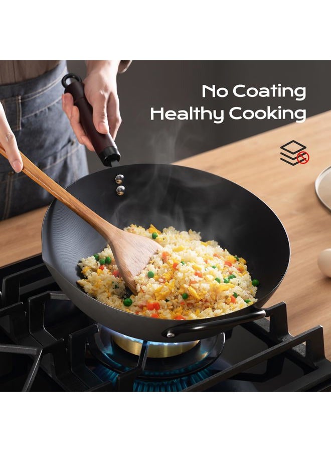 FGJ Wok, 13 Inch carbon steel woks with steamer & stir-fry pans nonstick, Pre-Seasoned 5.8QT Flat Bottom Chinese Wok Pan with lid, Carbon Steel Cookware, Compatible with All Cooktops - Image 3