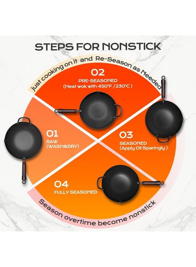 FGJ Wok, 13 Inch carbon steel woks with steamer & stir-fry pans nonstick, Pre-Seasoned 5.8QT Flat Bottom Chinese Wok Pan with lid, Carbon Steel Cookware, Compatible with All Cooktops - Image 4
