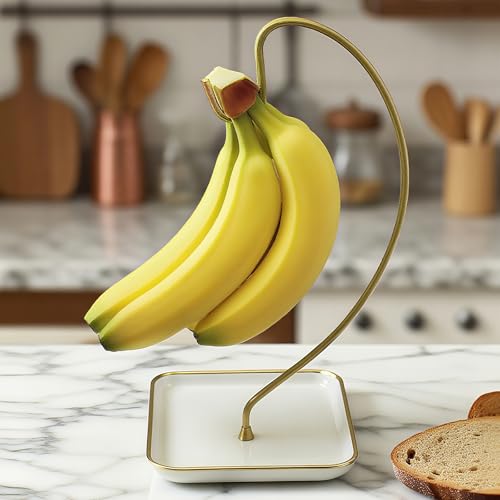 VROOMIUM Banana Holder Stand with Ceramic Base Holds Up to 5 Pounds Bananas Hasslefree Cleaning Stylish and Chic Design Banana Rack Gold - Image 1