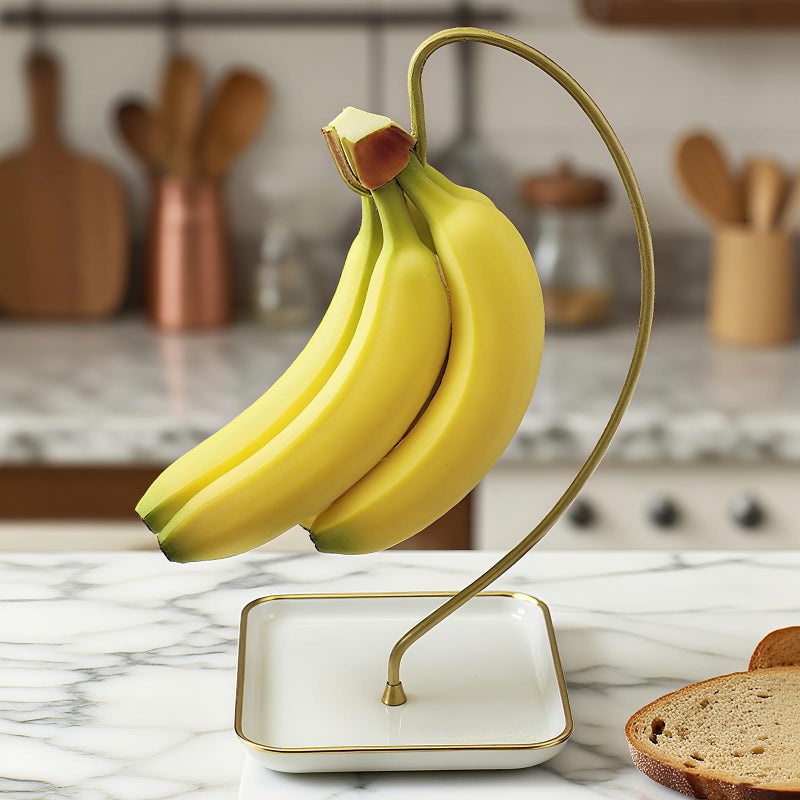 VROOMIUM Banana Holder Stand with Ceramic Base Holds Up to 5 Pounds Bananas Hasslefree Cleaning Stylish and Chic Design Banana Rack Gold - Image 2