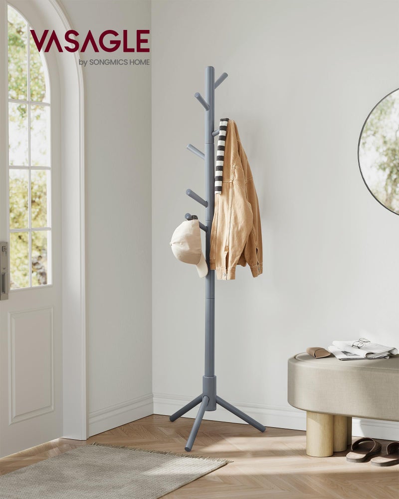 VASAGLE Solid Wood Coat Rack, Free Standing Tree-Shaped Coat Rack with 8 Hooks, 3 Height Options, for Clothes, Hats, Bags, Living Room, Bedroom, Home Office, Gray URCR04GY - Image 2