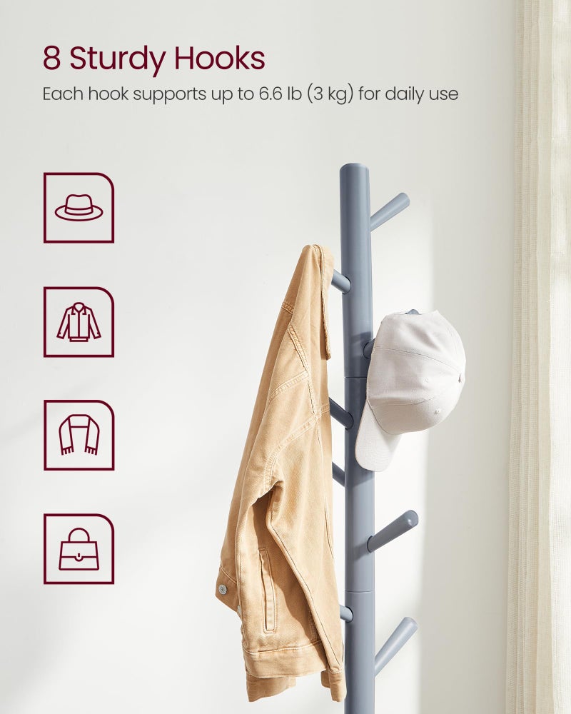 VASAGLE Solid Wood Coat Rack, Free Standing Tree-Shaped Coat Rack with 8 Hooks, 3 Height Options, for Clothes, Hats, Bags, Living Room, Bedroom, Home Office, Gray URCR04GY - Image 3