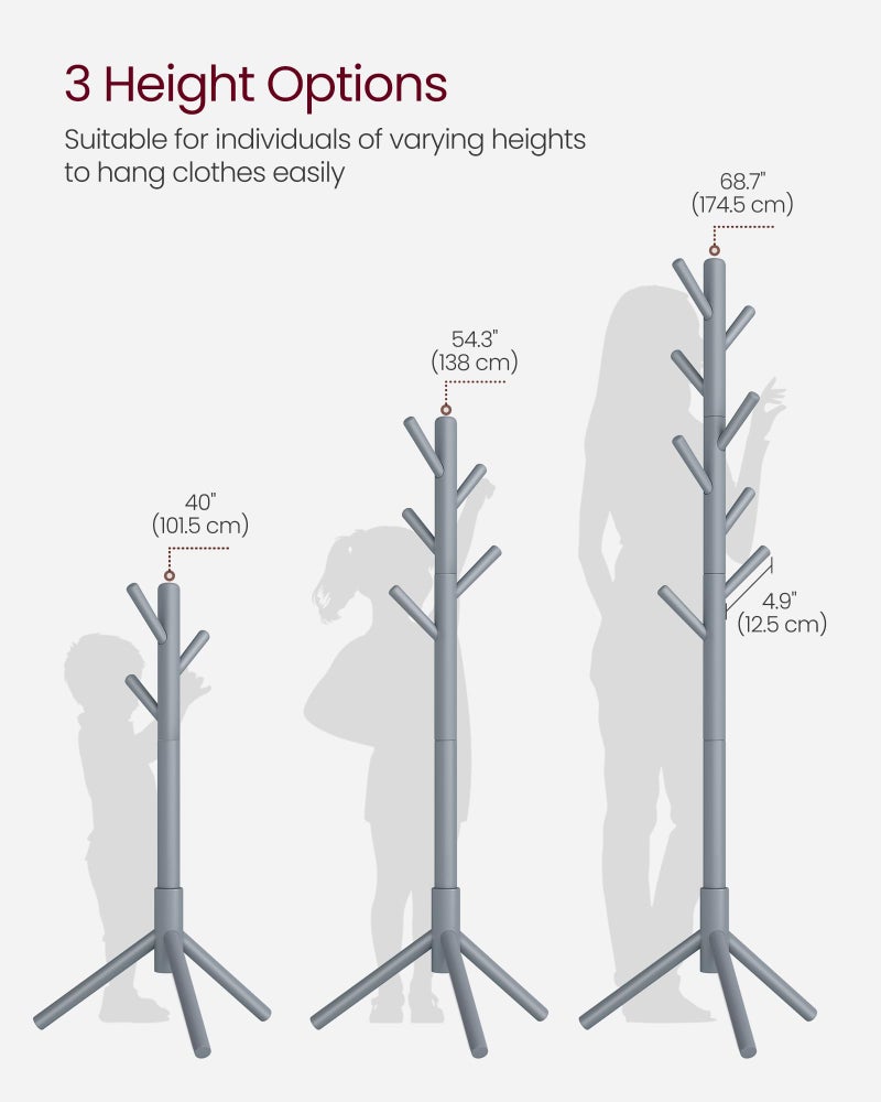 VASAGLE Solid Wood Coat Rack, Free Standing Tree-Shaped Coat Rack with 8 Hooks, 3 Height Options, for Clothes, Hats, Bags, Living Room, Bedroom, Home Office, Gray URCR04GY - Image 5