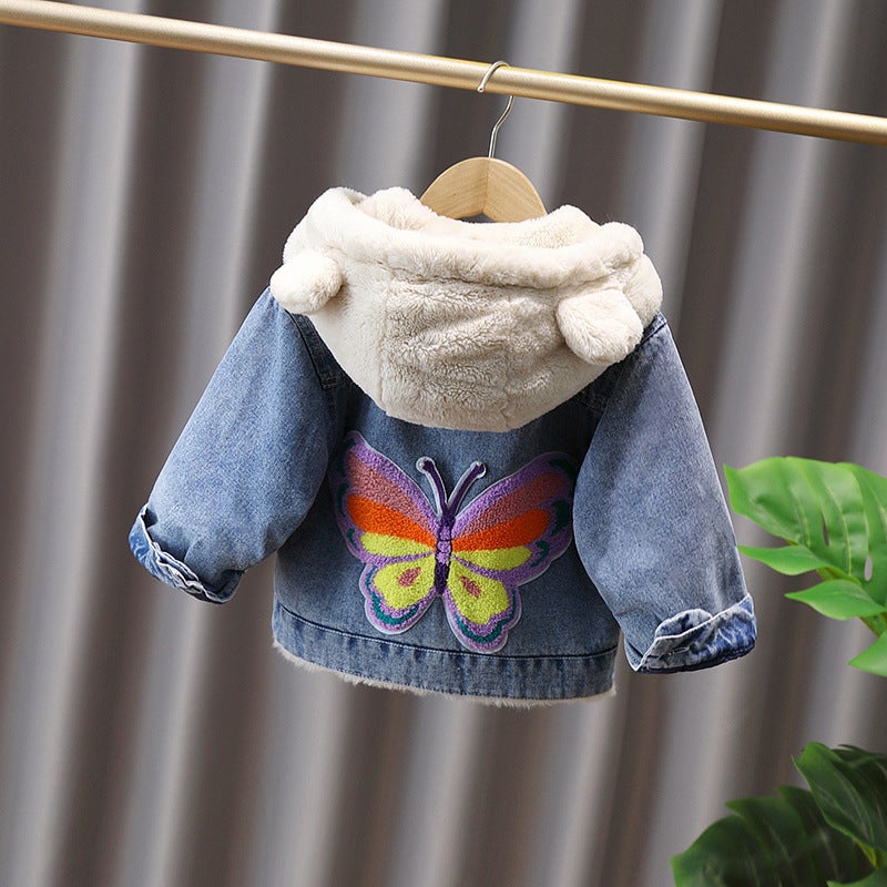 Girls' Denim Coat 2022 New Korean Style Fleece-Lined Thickened Children'S Dress Girls' Winter Western Style Top - Image 1