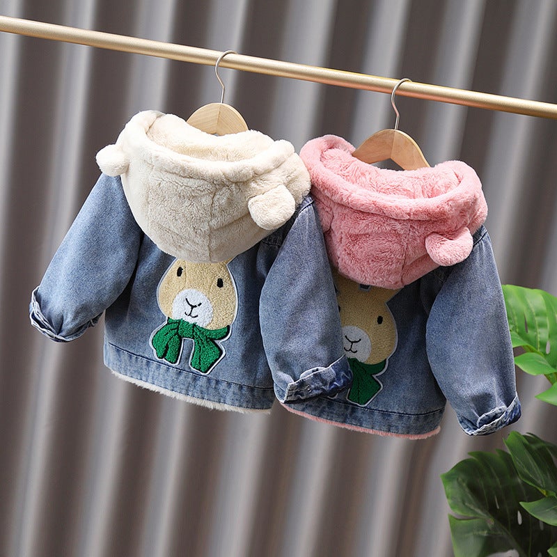 Girls' Denim Coat 2022 New Korean Style Fleece-Lined Thickened Children'S Dress Girls' Winter Western Style Top - Image 5