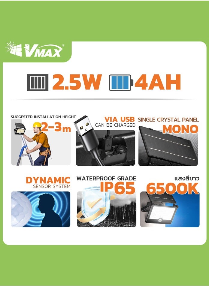 Vmax LED Solar Flood Light - 6500K Cool White - Portable Solar Wall Light - Foldable IP65 Waterproof with & USB Charging - Easy to Carry - On/Off Switch - Camping/Travel/Villas/Courtyard/Outdoor  - Image 4