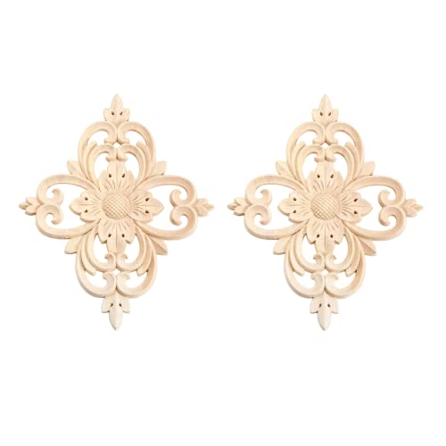 MUXSAM Rhomb Wood Carved Appliques Furniture Onlays, Unpainted Wooden Rosette Decals Center Decor for Door Wall Closet Cabinet Dresser Drawer Crafts Project(2-Pack, 25x20cm/9.9"x7.9") - Image 1