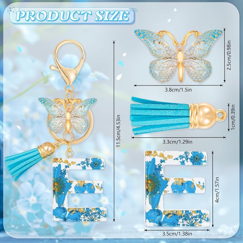 MWOOT Initial Letter E Keychain Resin Alphabet Keyrings,Blue Petals Gold Foil Key Ring Charm with Butterfly Tassel Pendant,Kawaii Key Chain for Womens Gift Ideas Wallet Purse Bag Handbag Decor (E) - Image 4