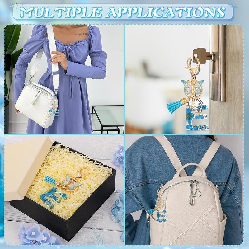 MWOOT Initial Letter E Keychain Resin Alphabet Keyrings,Blue Petals Gold Foil Key Ring Charm with Butterfly Tassel Pendant,Kawaii Key Chain for Womens Gift Ideas Wallet Purse Bag Handbag Decor (E) - Image 3